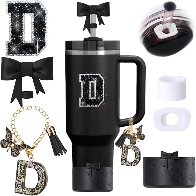 6pcs Black Stanley Cup Accessories Set, Bow Straw Topper by MOTEERLLU