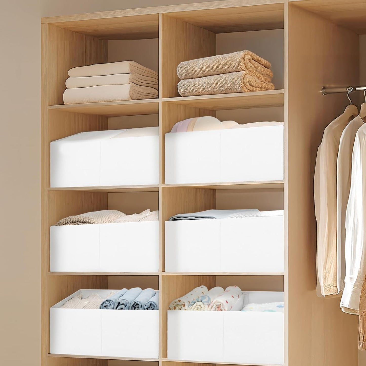 DIMJ Large Closet Shelf Organizer Bins 4 Packs with Handles and Divider, Fabric Trapezoid Storage Baskets, Foldable Clothes Containers Box for Shelf, Towel, Book, Toy, Purse, Hats, White