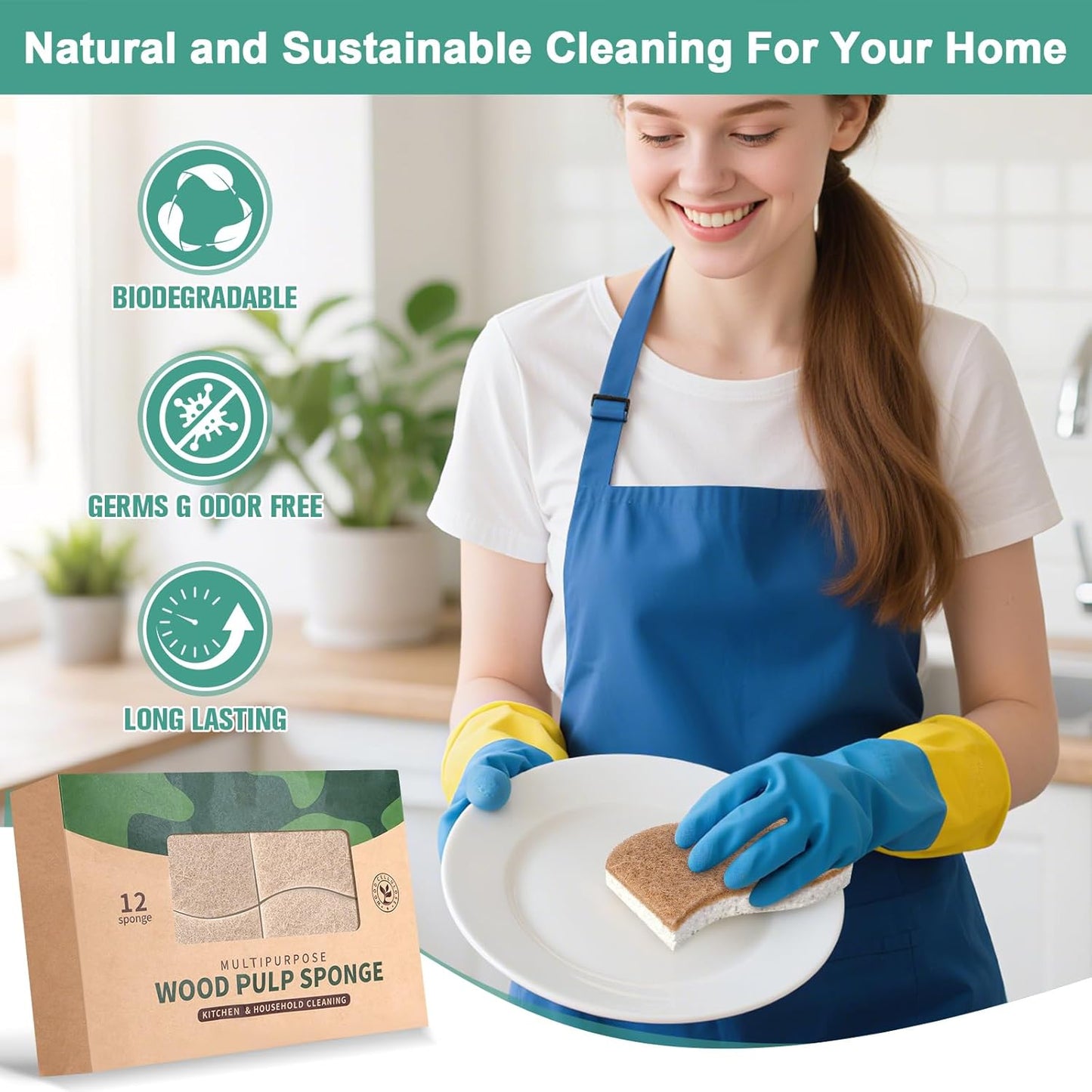 12Pack Natural Kitchen Sponge, Biodegradable Cellulose and Coconut Scrubber, Eco Friendly Sponges for Dishes