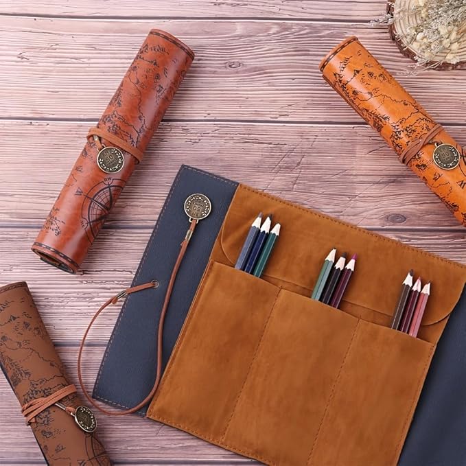 4 Color Leather Pen Case Vintage Pencil Bag Roll Map Compass Pattern Rolling - Image 2