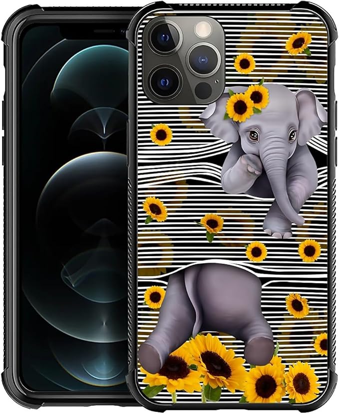 for iPhone 11 Pro Case, Cute Little Elephant Sunflower White Line Art Pattern by FKBRCL4U