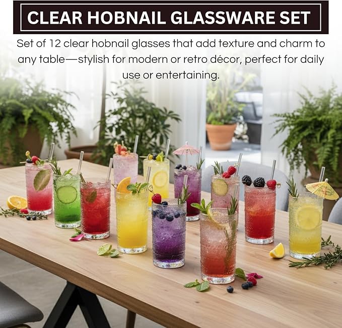 12-Piece Hobnail Drinking Glasses Set, 12 oz Large Vintage Highball Glassware - Image 3