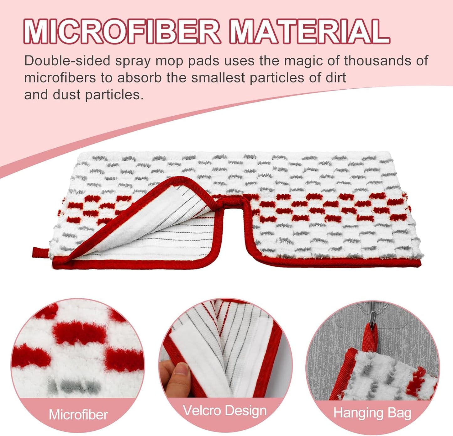 Microfiber Spray Mop Pads - Compatible with Promist MAX, Double Sided Replace Head for Dry/Wet Floor Cleaning Usable (4 Pack Red)