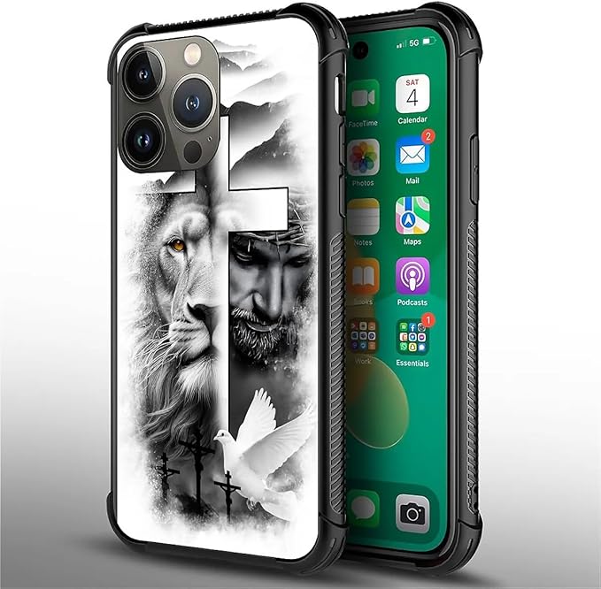 for iPhone 14 Pro Case, Lion Cross Jesus Christ Dove Pattern Graphic Design - Image 4