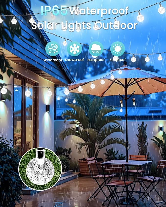 2-Pack 72FT 120 LED White Crystal Globe Solar String Lights Outdoor, Waterproof - Image 5