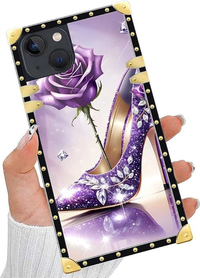 Compatible with iPhone 14 Case, High Heeled Purple Diamond Rose Luxury Golden - Image 5