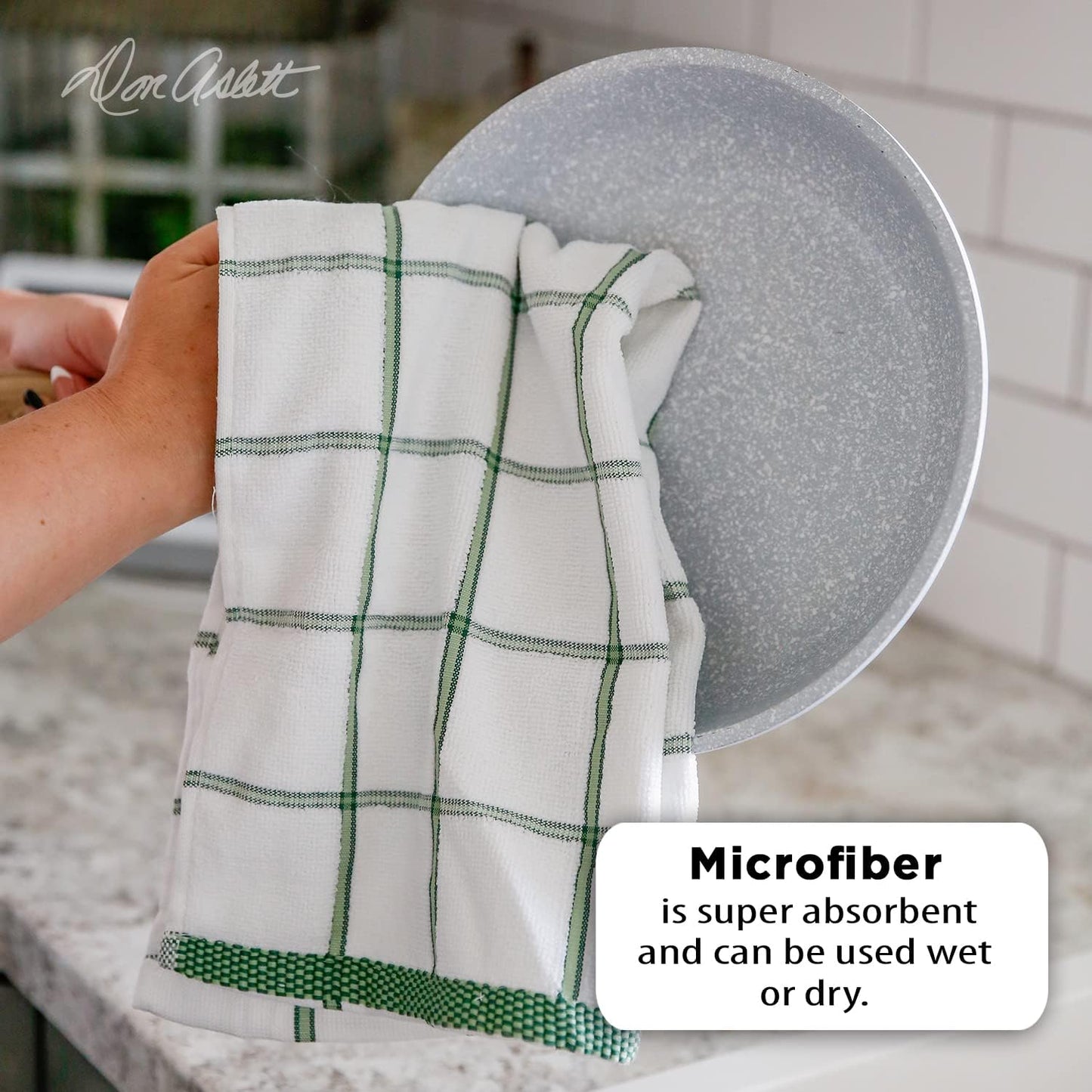 Don Aslett's 12 Piece Microfiber Kitchen Set | 6 Multi-Purpose Wash Cloths, 3 Super Absorbent Kitchen Towels, 3 Scratch-Free Sponges | Lint Free | Green
