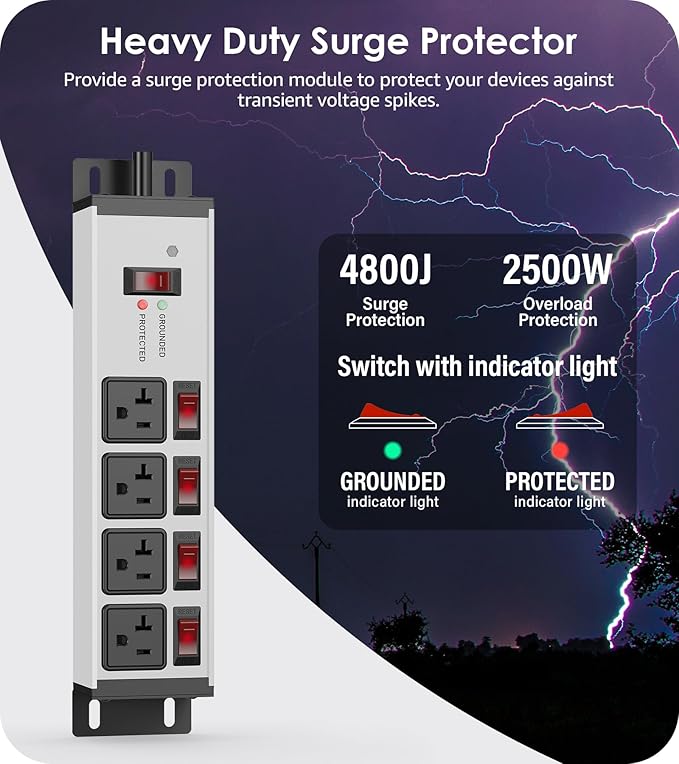 CCCEI Heavy Duty Surge Protector Power Strip 20 Amp Individual Switches. 25FT - Image 2