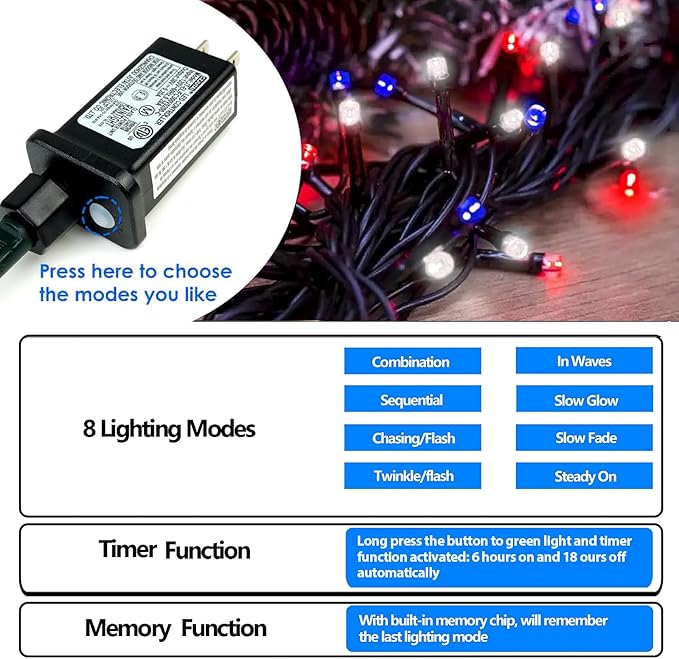 200 LED Red White and Blue Christmas String Lights Outdoor Indoor, 75.8 FT 4th - Image 6