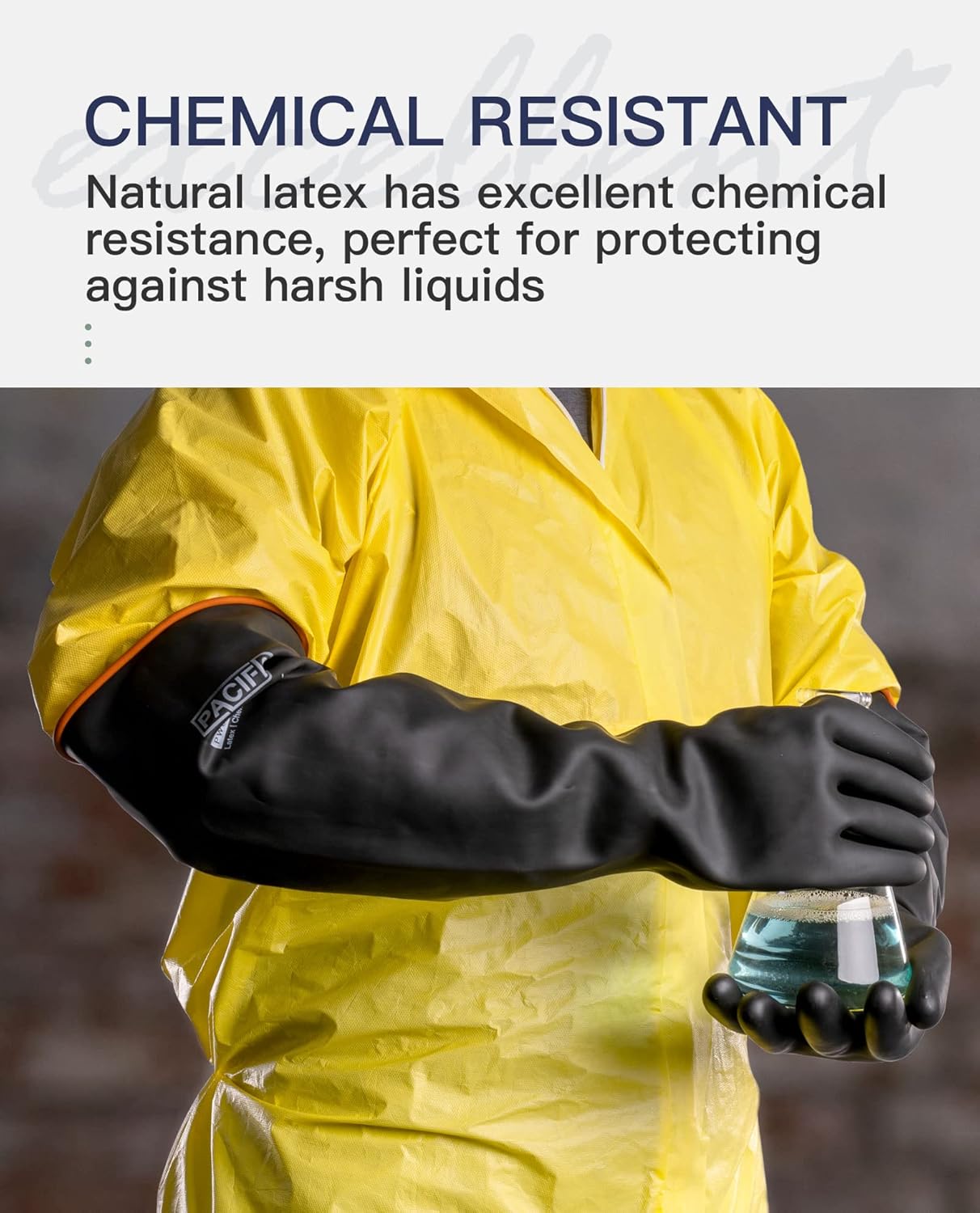 PACIFIC PPE Heavy Duty Latex Chemical Gloves, Strong Acid Resistance Rubber Gloves, Against Alkali and Oil, 22", 1 Pair