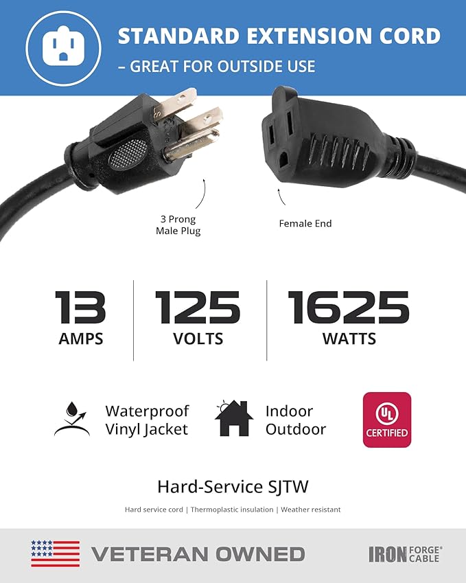 Iron Forge Cable 10 Ft Black Extension Cord, 10 Foot Extension Cord, 3 Prong - Image 3