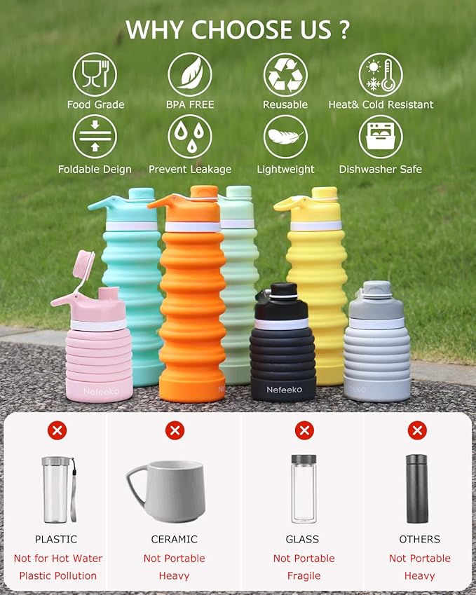 Nefeeko Collapsible Water Bottle, 26oz Silicone Foldable Water Bottles - Image 5