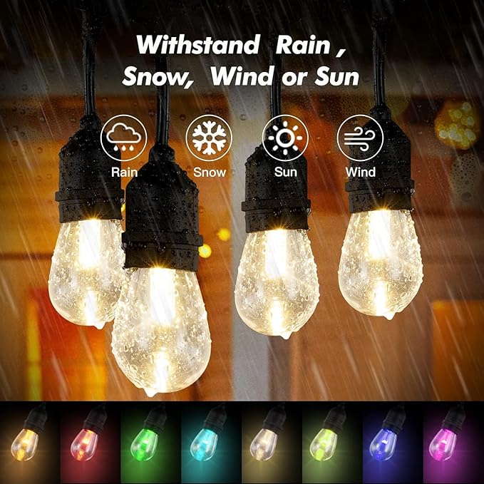 Auroraworld 96FT RGB Outdoor String Lights, Dimmable Color Changing Waterproof - Image 5