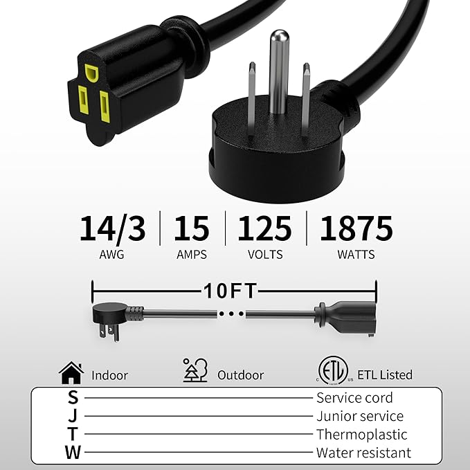 Vockjour 10 FT Black Low Profile Flat Plug 14 Gauge Heavy Duty Extension Cord - Image 2
