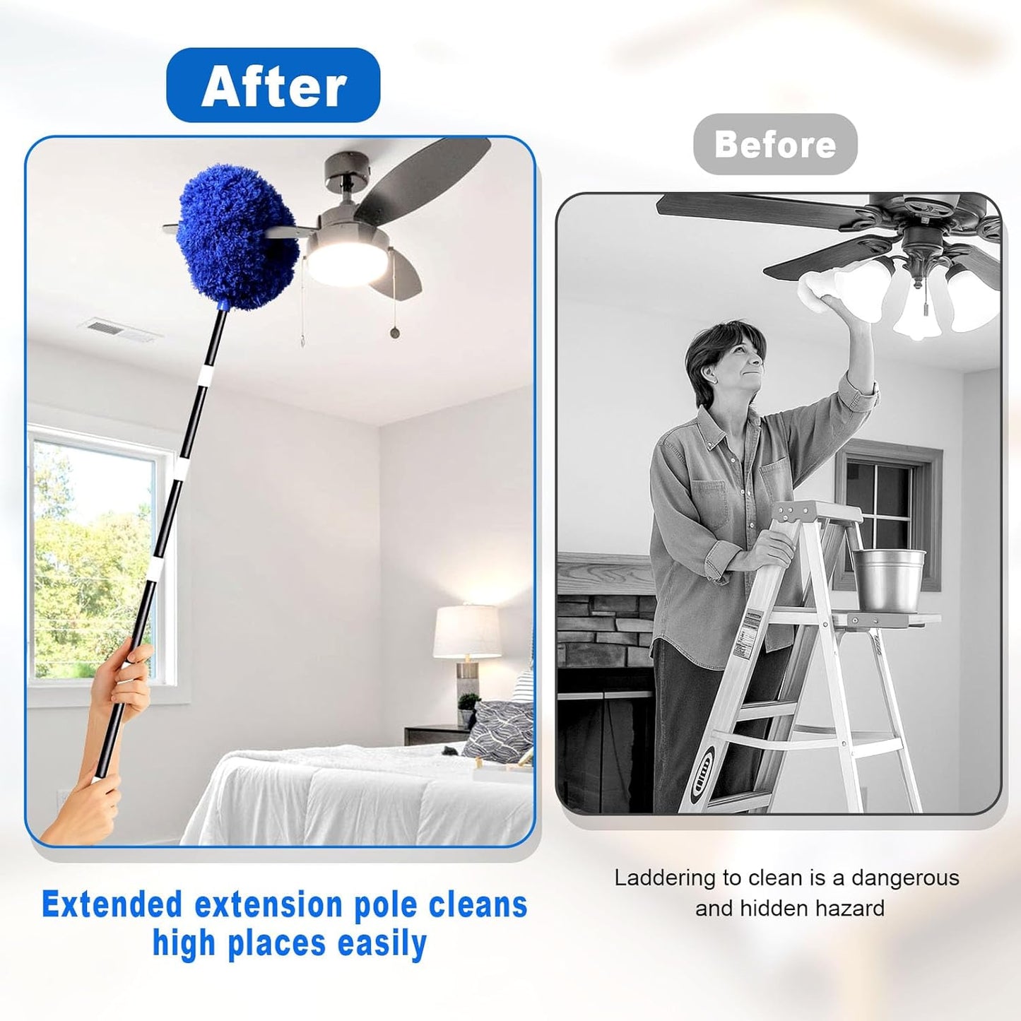 Ceiling Fan Cleaner Duster with Extra Long and Thick Extension Pole from 15 to 88 Inches,Adjustable and Removable Fan Blade Cleaner for High Ceiling, Wall Blinds Door Furniture Bookshelves