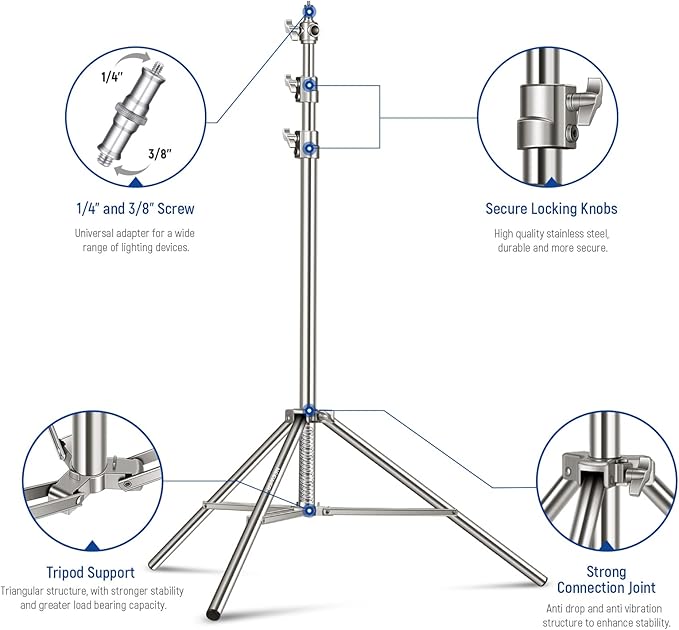 NEEWER 7.2ft/2.2m Stainless Steel Light Stand, Spring Cushioned Heavy Duty - Image 8