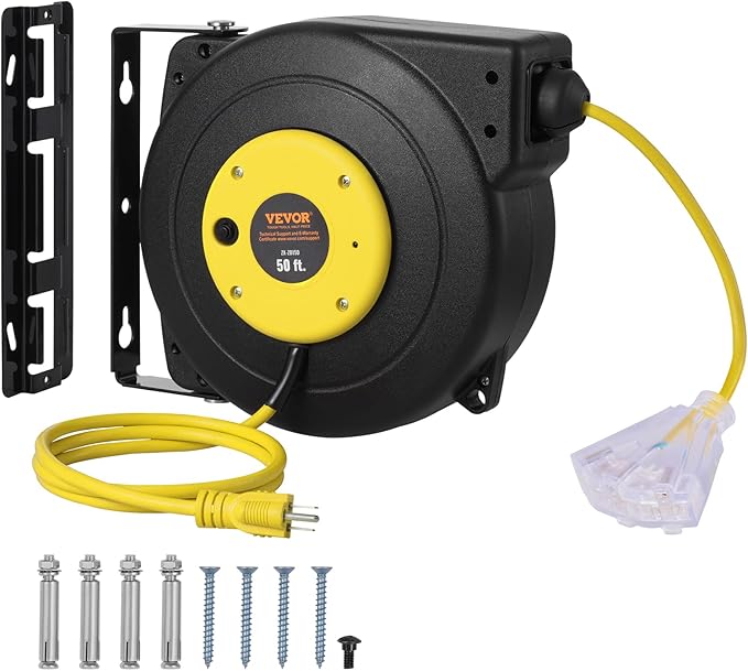 VEVOR Retractable Extension Cord Reel, 50 FT, Heavy Duty 14AWG/3C SJTOW by VEVOR
