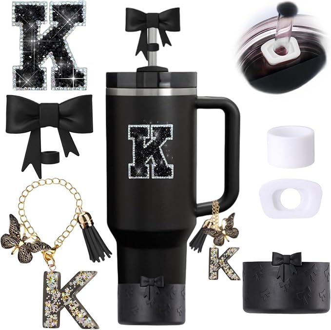 6pcs Black Stanley Cup Accessories Set, Bow Straw Topper by MOTEERLLU