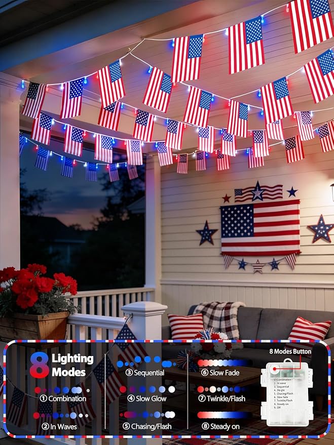 4th of July Patriotic Lights, 2PK 48FT 100LED Red White Blue String Lights - Image 2