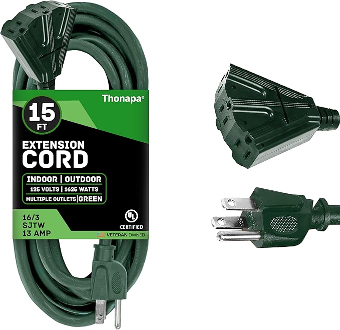 Thonapa Weatherproof Green Extension Cord 15 ft 3 Outlets, 16/3 SJTW Outdoor by Thonapa