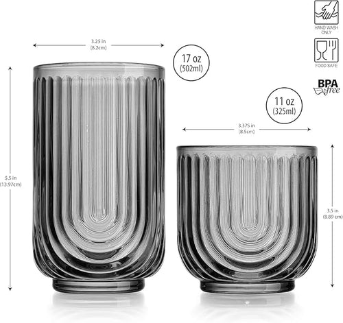 16 Piece Smoke Glassware Set, Art Deco Black Drinking Glasses, Ribbed U-Shape - Image 2