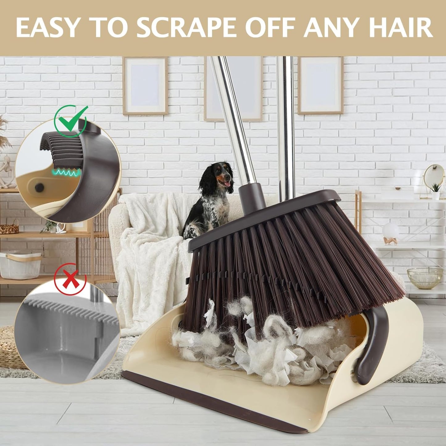 Broom and Dustpan Set with Long Handle, Heavy Dust Broom and Dustpan Combo for Home，Kitchen, Office, Pet Hair(Beige)