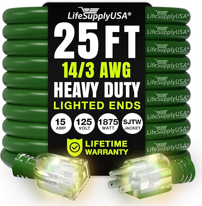 25ft Outdoor/Indoor Extension Cord 14/3 Gauge Heavy Duty 3 Prong SJTW, by LifeSupplyUSA