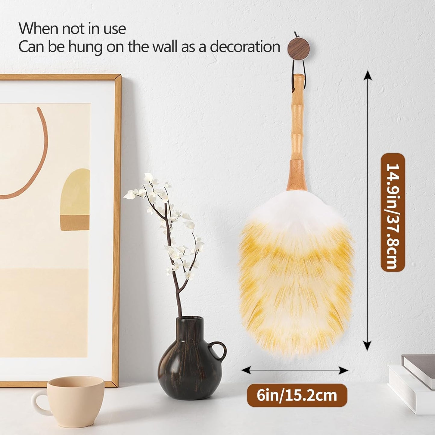 Lambswool Duster for Cleaning with Solid Wooden Handle Leather Hang Strap 14.9 inch Natural Feather Duster for Cleaning Ceiling Fans Window Blinds Computer Furniture(2 Pack)