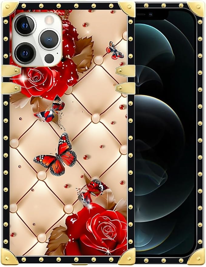 Compatible with iPhone 12 12 Pro Case, Shining Red Rose Butterfly Leather by Unknown