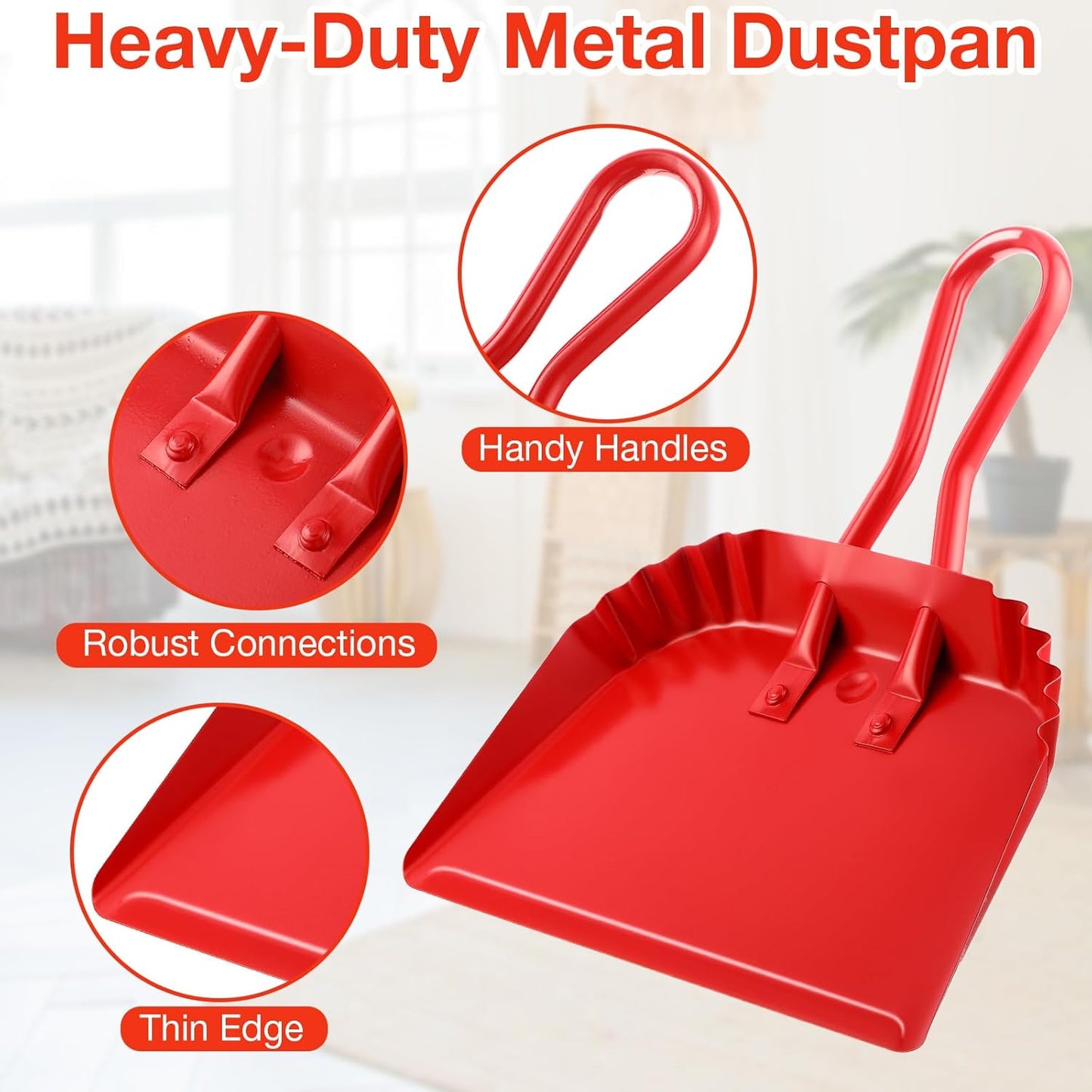 Mumufy 4 Pack 12 inch Heavy Duty Metal Dustpan Large Wide Dust Pans for Household Handheld Wide Scooper and Debris Cleaning Tool Ideal for Home and Commercial Use(Red)