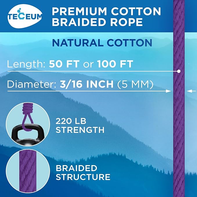 TECEUM Cotton Rope 3/16” – 50 FT – Strong All-Purpose Braided Rope – Natural - Image 2
