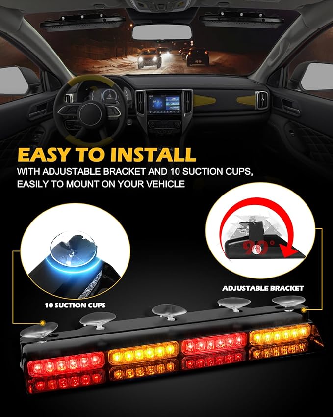 HLauto 604N Emergency Dash Strobe Lights: 2x16.8 inch Amber Red Security Light - Image 6