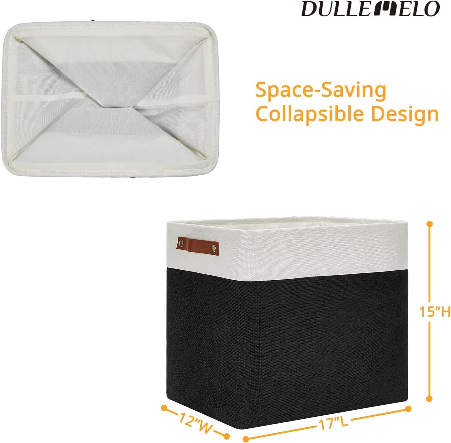 DULLEMELO Large Fabric Basket for Organizing, 17"x12"x15" Storage Basket With Leather Handles, Collapsible Storage Bin for Clothes, Toys, Books, Office, Bedroom, Closet, Nursery&Laundry (White&Black)