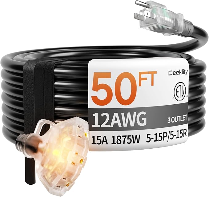 50 ft 12 Gauge Heavy Duty 3 Outlet Extension Cord Splitter by Deeklify