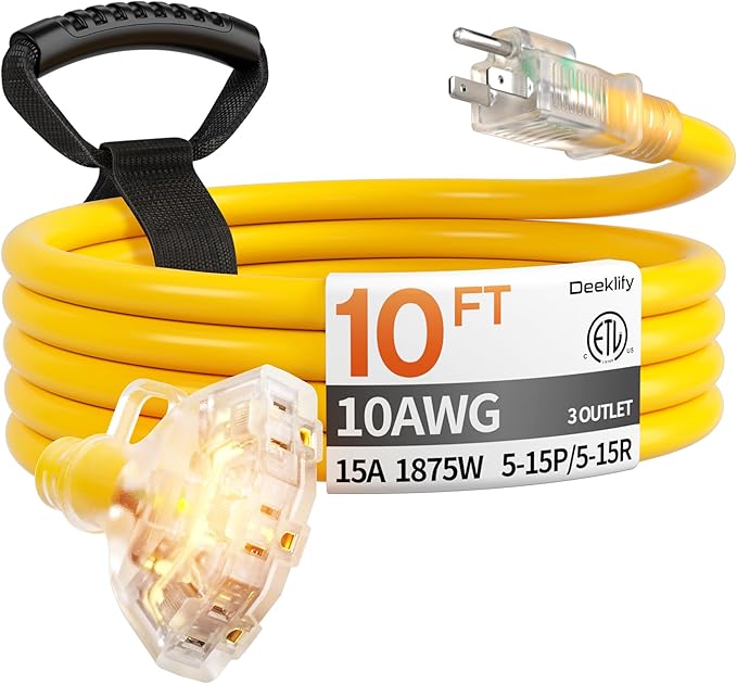 10 ft 10 Gauge Heavy Duty 3 Outlet Extension Cord Splitter by Deeklify