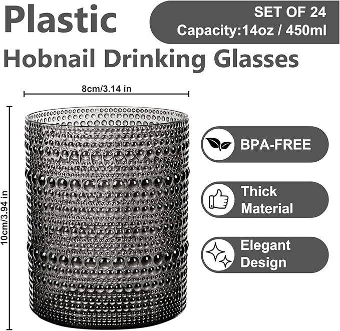 YOUBET 24PCS Plastic Drinking Glasses - 14OZ Black Hobnail Drinkware Glasses - - Image 2
