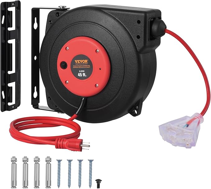 VEVOR Retractable Extension Cord Reel, 45 FT, Heavy Duty 12AWG/3C SJTOW by VEVOR