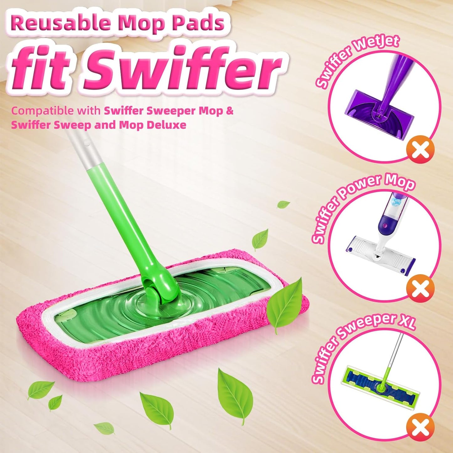 Reusable Mop Pads fit Swiffer Sweeper Mop - Microfiber Wet Pads Refill & Machine Washable Dry Sweeping Cloths for Mopping All Sealed Floors - Hardwood, Laminate, Tile & Stone (Mop is not Included)