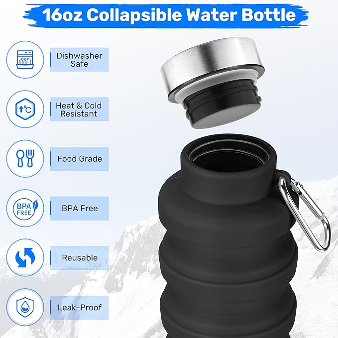 Collapsible Water Bottle, 16oz Portable Reusable Silicone Water Bottle - Image 2