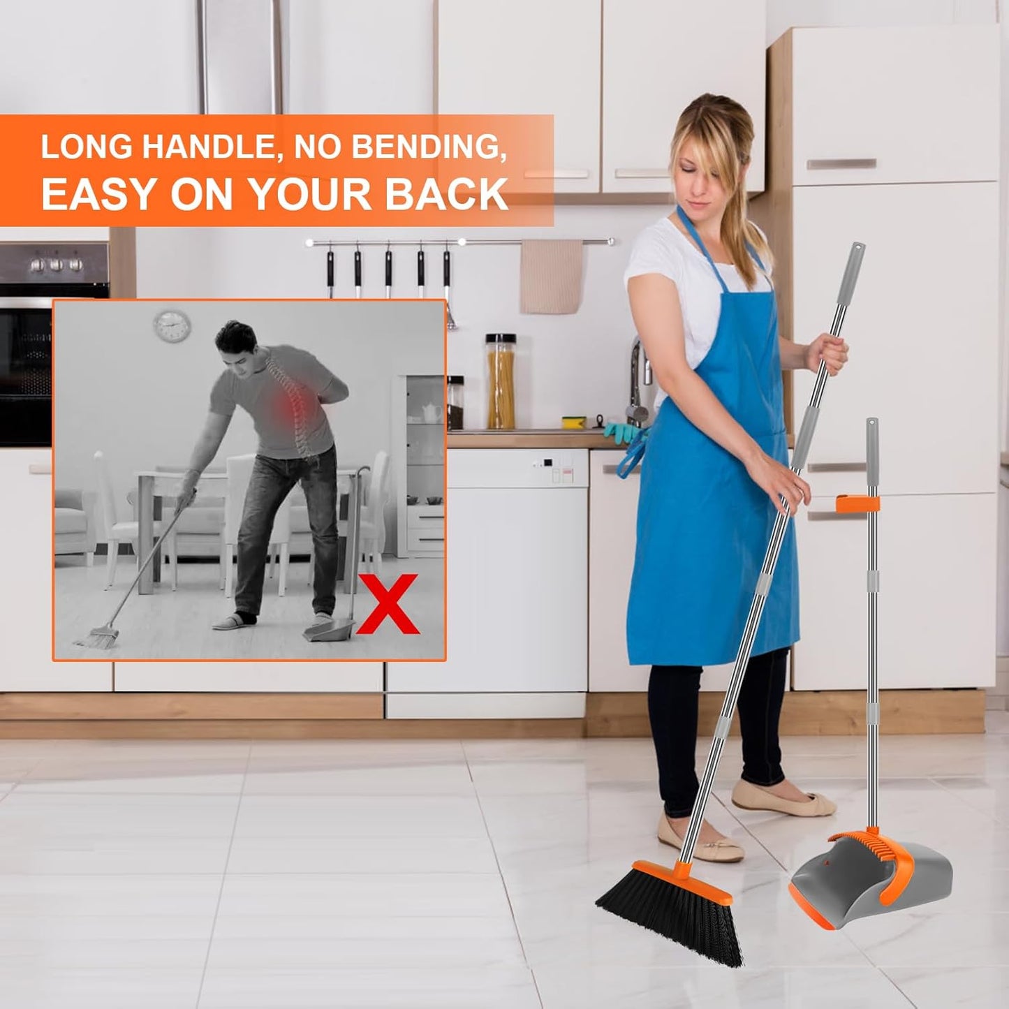 Broom and Dustpan Set, Large Broom with Dustpan Combo Set, 55" Long Handle Heavy Duty Industrial Dust pan Set for Classroom Lobby Home