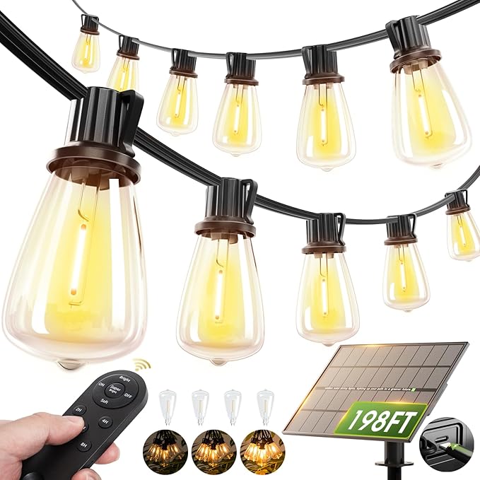 addlon 198FT Solar String Lights Outdoor Waterproof, 60+4 LED Bulbs, by addlon