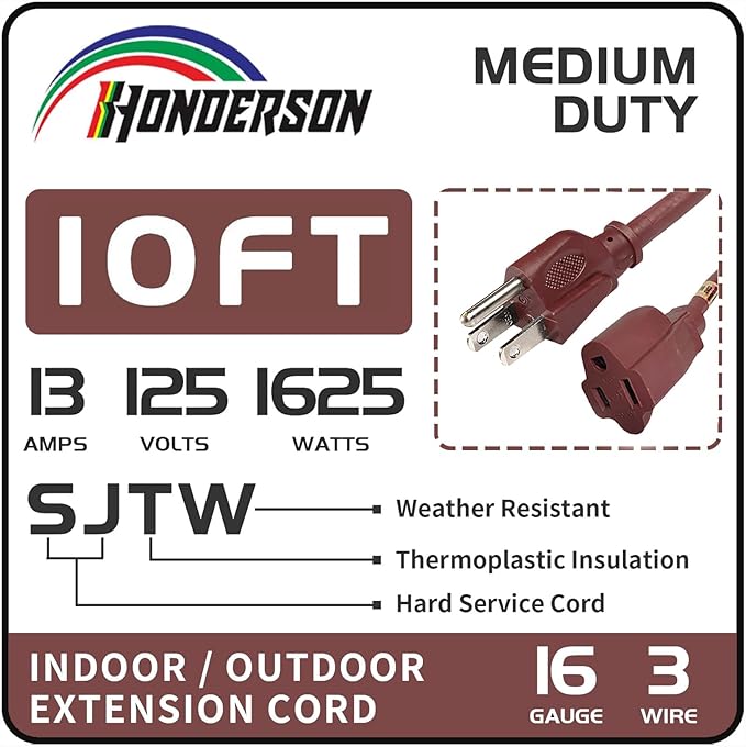 10FT Brown Outdoor Extension Cord-16/3 SJTW Durable Extension Cord - Image 2