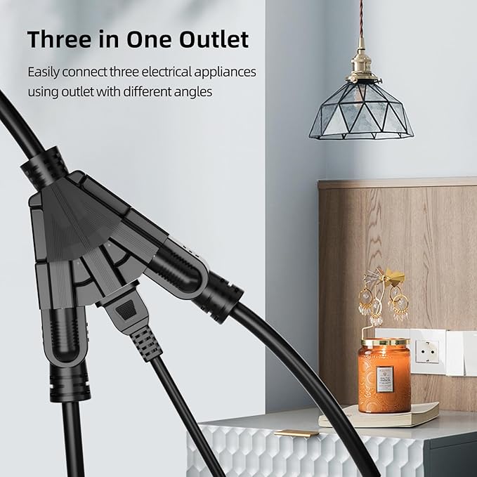 25 FT 3 Outlet Outdoor Extension Cord Waterproof, 16/3 SJTW Black Extension Cord - Image 3