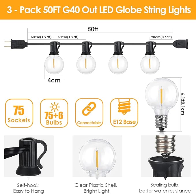 Mlambert 150Ft Outdoor String Lights, G40 Globe Patio Lights - Image 2