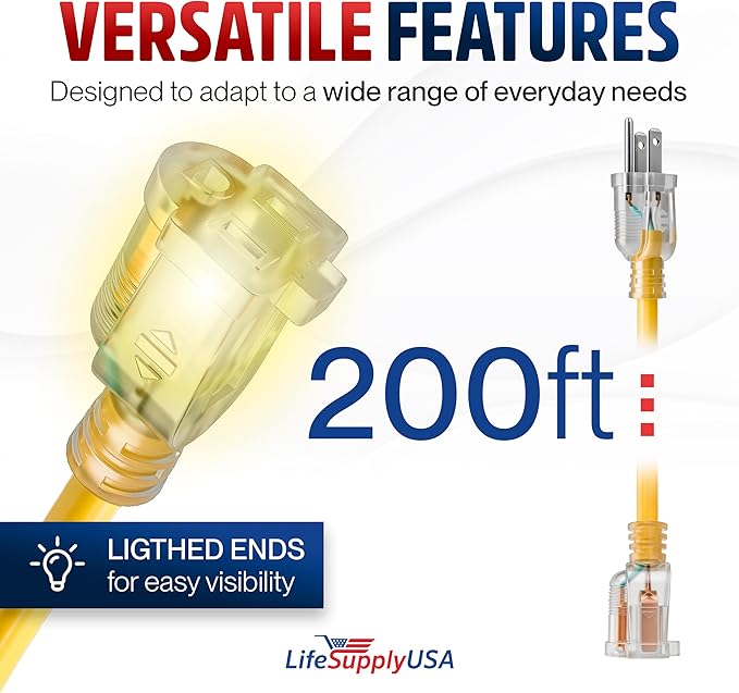 200ft Outdoor/Indoor Extension Cord 12/3 Gauge Extra Heavy Duty 3 Prong SJTW - Image 6