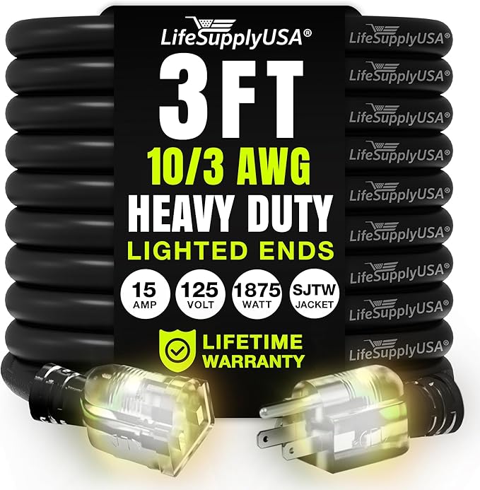 3ft Outdoor/Indoor Extension Cord 10/3 Gauge Ultra Heavy Duty 3 Prong SJTW by LifeSupplyUSA