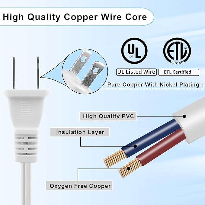 Short Extension Cord 3 Ft, 2-Prong Extension Cord, NEMA 1-15P to 1-15R Thin - Image 2