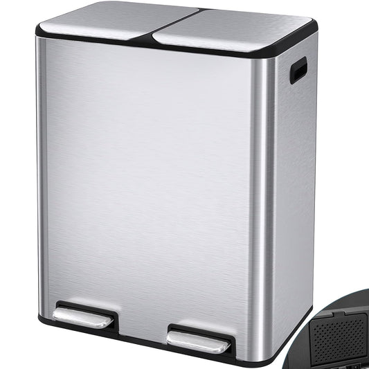Arlopu 16Gal Dual Trash Can w/2 Built-in Box for Odor Control, Hands-Free Kitchen Garbage Bin, Recycle Waste Dustbin, Soft-Close Lid, 2 Buckets,Foot Pedal, Side Handle, Airtight,for Home Office
