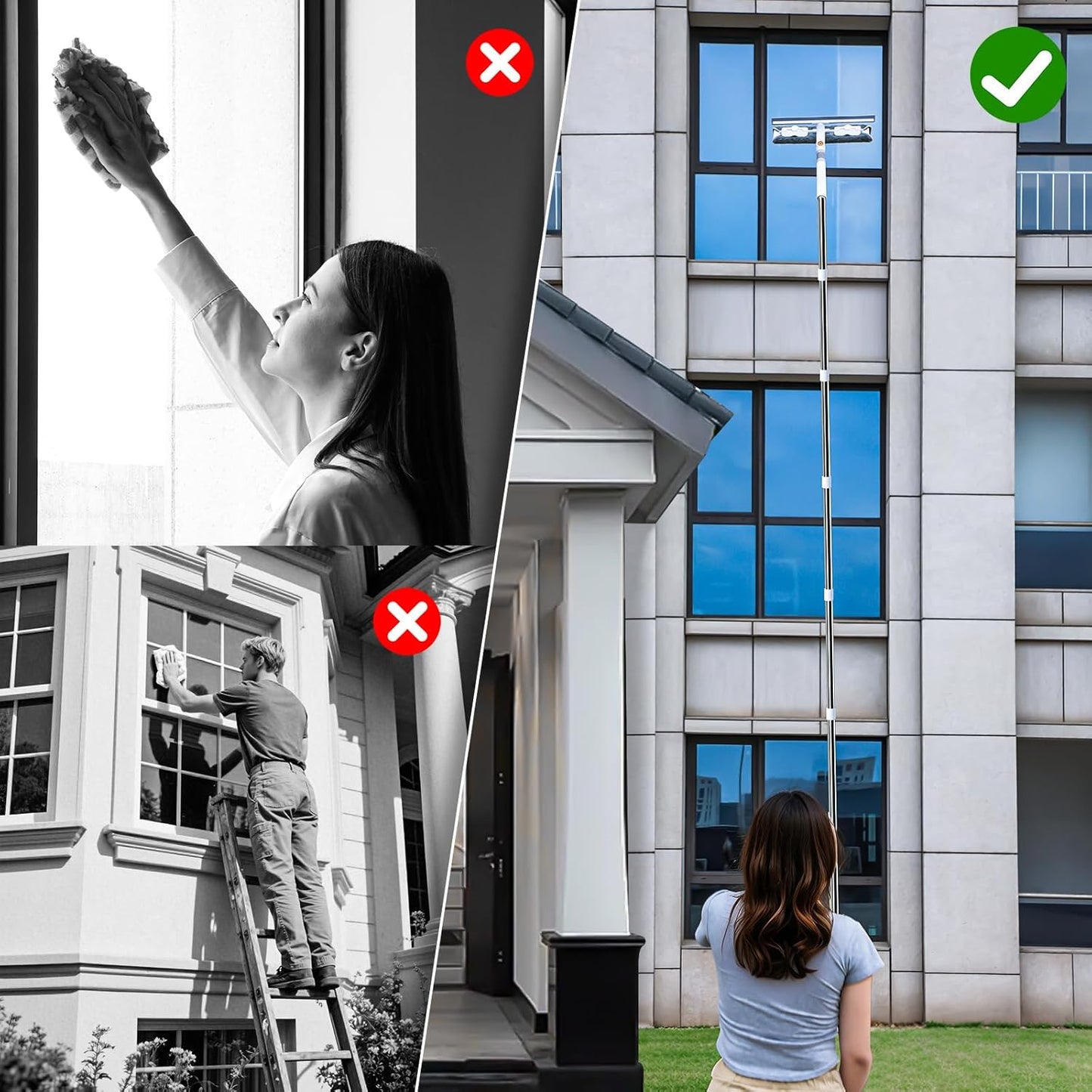 funest 126‘’ Squeegee for Window Cleaning, 2-in-1 Window Cleaner Tool with Extension Pole, Rotatable Head for Indoor and Outdoor Glass Shower Glass Mirror Car RV Window Cleaning Kit