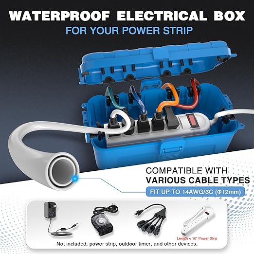 Flemoon Medium Outdoor Electrical Box, IP54 Waterproof Extension Cord Cover w/6 - Image 2